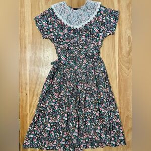 Vintage 90s Floral Lace Collar Basque Waist Cottagecore Dress